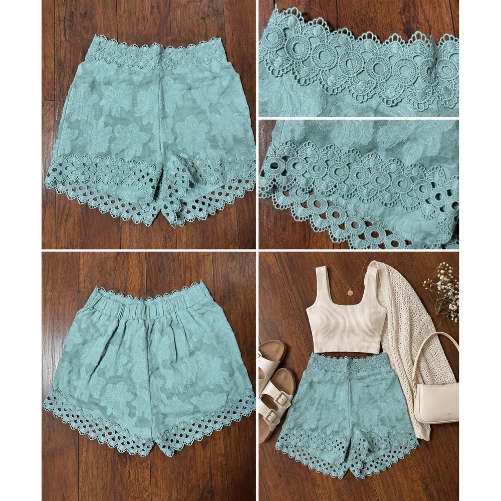 Blue Rain Francesca's Floral Jacquard Lace Trim Shorts XS Green Excellent Boho